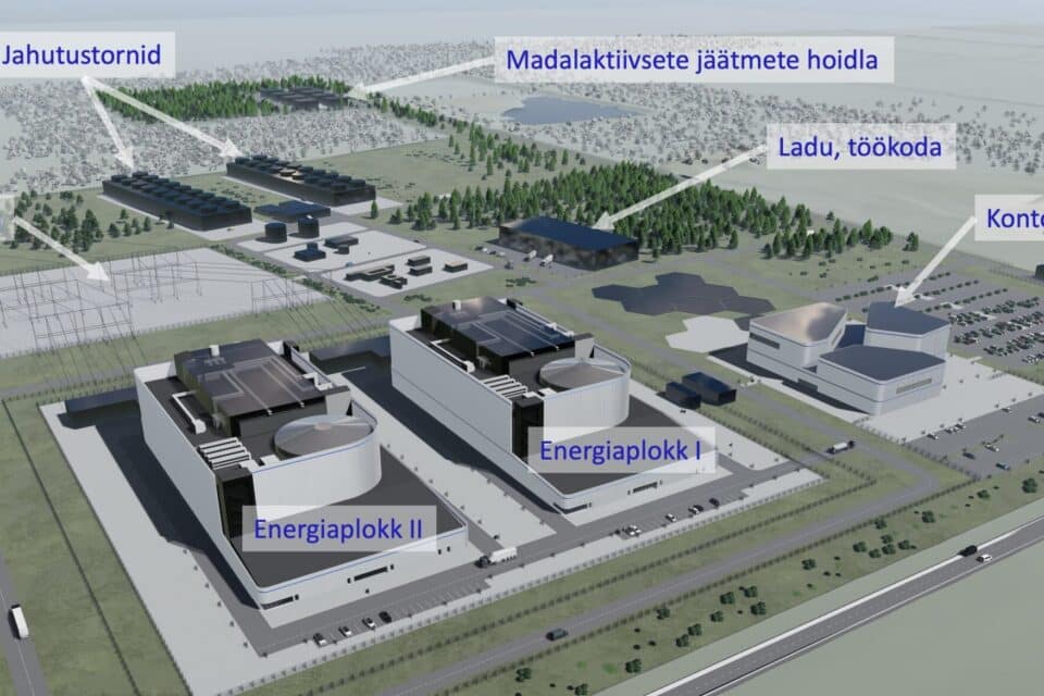 Üks võimalik tuumajaama asendiplaani lahendus. Fermi Energia plaanib rajada kahe 300MW võimsusega reaktoriga (energiaplokiga) tuumajaama, mis vajab mõnekümne hektari suurust maa-ala.