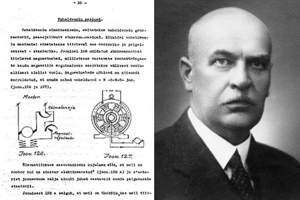 Otto Reinvald ja lehekülg tema õpikust "Üldelektrotehnika".